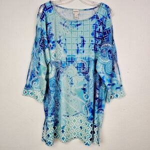 Zenergy Chico's Tunic Blue Cold Shoulder Split Sleeve Sz XL Coastal Coquette